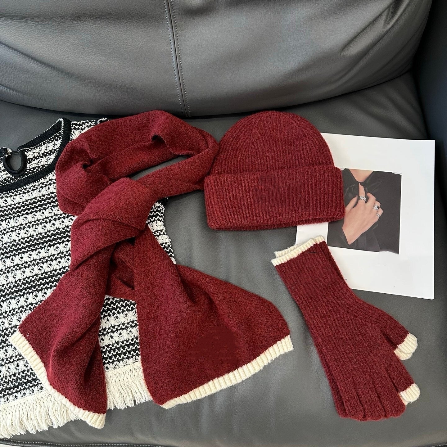 E6504# DF Knitted Hat and Scarf Gloves Set