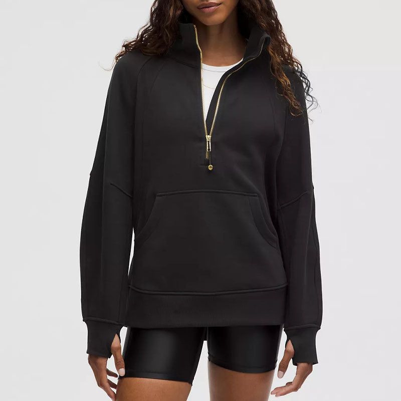 L5455# Embroidery Funnel-Neck Half Zip Long Hoodies