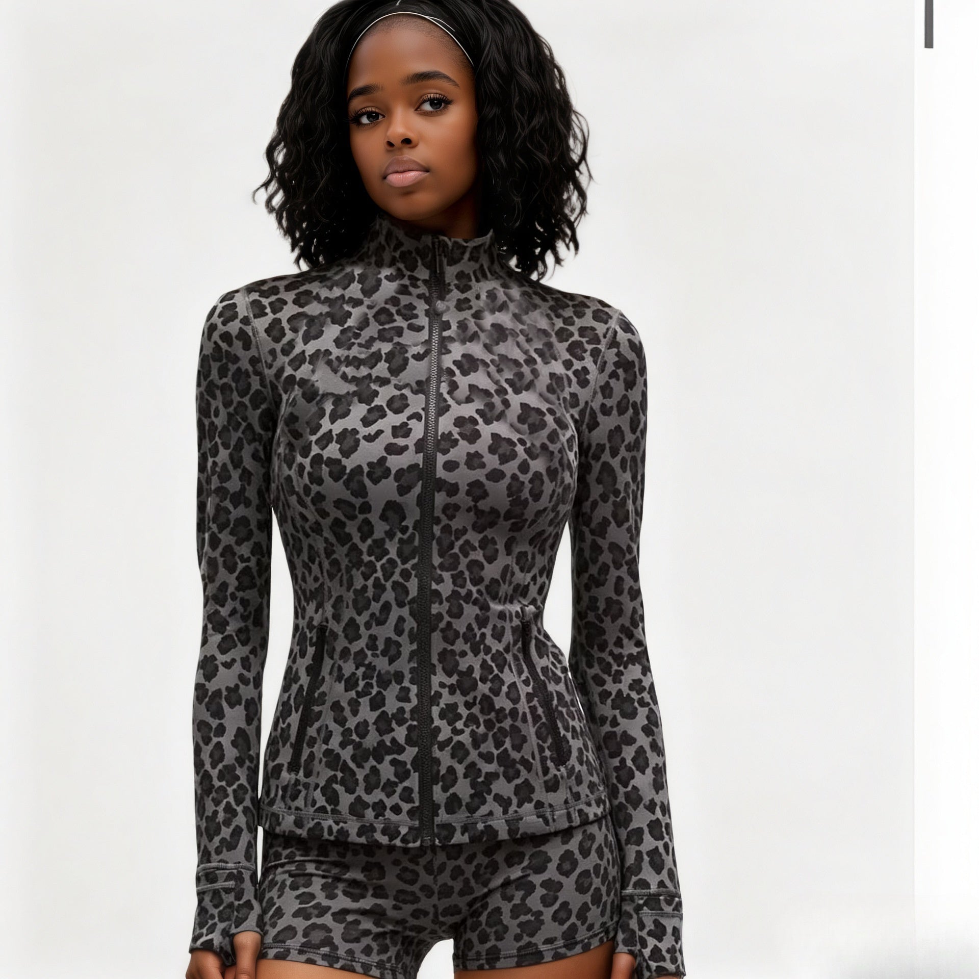 L6175# Women Leopard Jacket Shorts Set