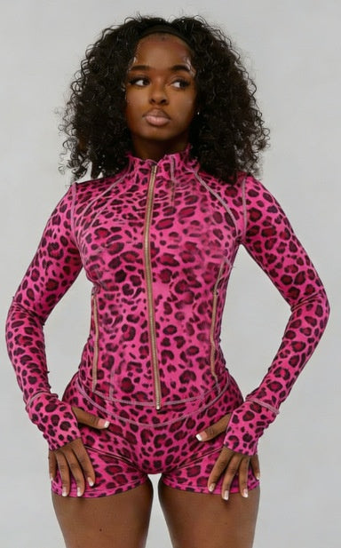 L6175# Women Leopard Jacket Shorts Set