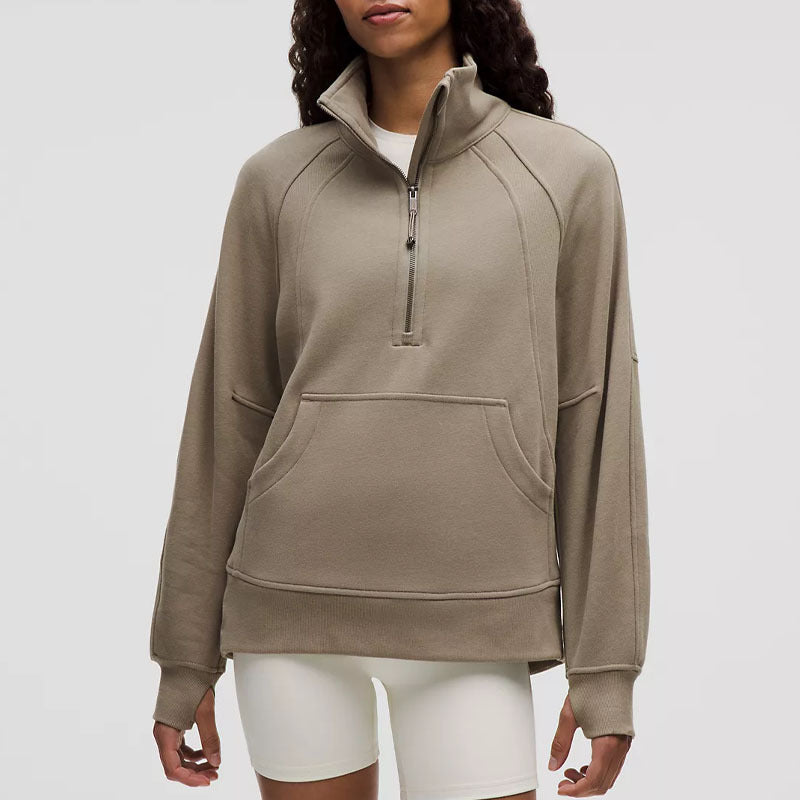 L5455# Embroidery Funnel-Neck Half Zip Long Hoodies